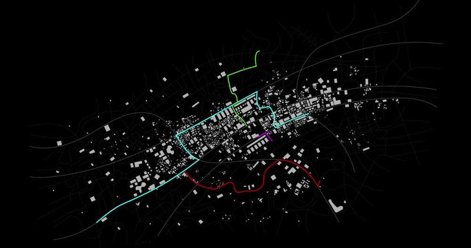 Futuristic user interface with graph bar element and city map with GPS navigator and different color route waypoint over the dark background