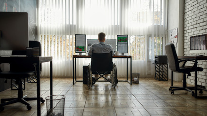 Back view of young male trader in a wheelchair looking at computer monitor and analyzing some...