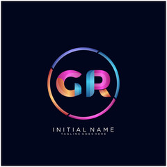 Initial letter GR curve rounded logo, gradient vibrant colorful glossy colors on black background - obrazy, fototapety, plakaty