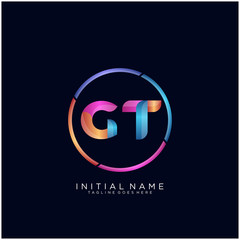 Initial letter GT curve rounded logo, gradient vibrant colorful glossy colors on black background