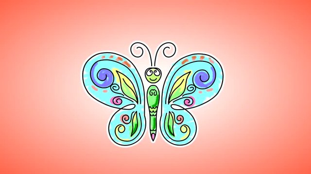 Drawn butterfly childish drawing waved his wings. Animation for video editing with an alpha channel to replace the background in the form of a brightness mask.
