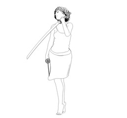 warrior woman character, 3D illustration, sketch, outline
