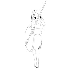 warrior woman character, 3D illustration, sketch, outline