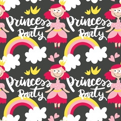 Seamless cute vector pattern with Princess party, rainbow, clouds and hearts