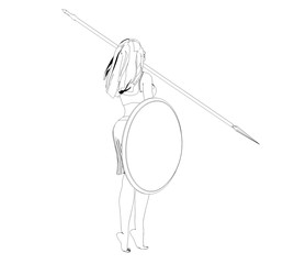 warrior woman character, 3D illustration, sketch, outline