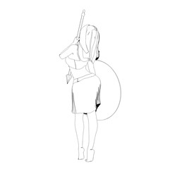 warrior woman character, 3D illustration, sketch, outline