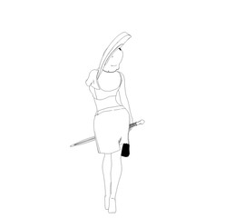 warrior woman character, 3D illustration, sketch, outline