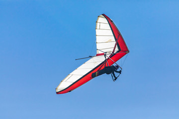 Hang glider flying overhead. Clear sunny day. Recreational activities during the summer holidays. Soaring flight of hang gliding