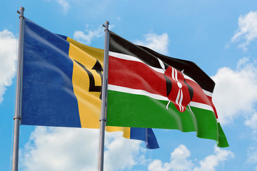 Kenya and Barbados flags waving in the wind against white cloudy blue sky together. Diplomacy concept, international relations.