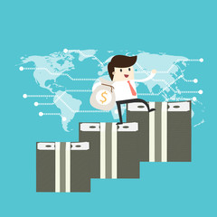 Happy success business man stand on a lot of money earnings