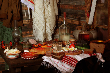 Still life with pancakes  caviar on a wooden table