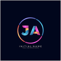 Fototapeta na wymiar Initial letter JA curve rounded logo, gradient vibrant colorful glossy colors on black background
