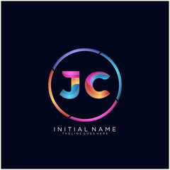 Initial letter JC curve rounded logo, gradient vibrant colorful glossy colors on black background