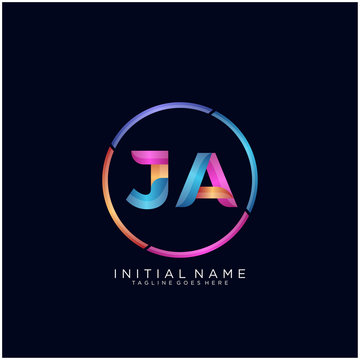 Initial letter JA curve rounded logo, gradient vibrant colorful glossy colors on black background
