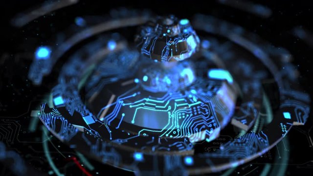 3D Rendering printed circuit board with illumination line for cyber futuristic concept, shallow depth of field