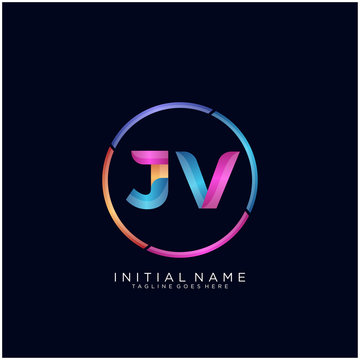 Initial letter JV curve rounded logo, gradient vibrant colorful glossy colors on black background