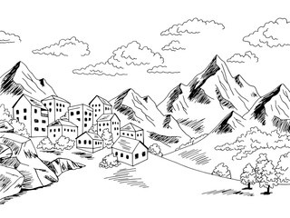 Town mountain graphic black white landscape sketch illustration vector