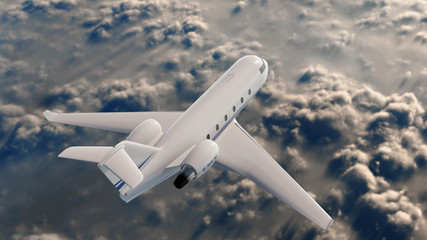 Fototapeta na wymiar private jet over dark sky clouds top view 3d rendering