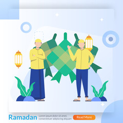 Ramadan Kareem concept, islamic greeting card for happy fasting and ied Mubarak with lantern, mosque, suitable for web landing page, social media post, banner, background, poster. Vector illustration