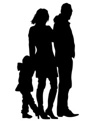 Families with little child walking on street. Isolated silhouettes of people on white background