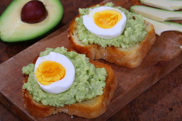Sandwich with avocado and egg on a wooden table