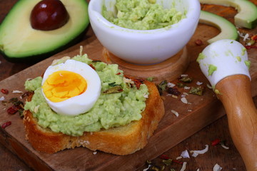 Sandwich with avocado and egg on a wooden table