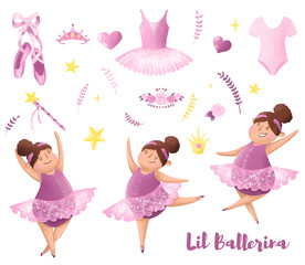 Set of little ballerinas hand drawn illustration. Pink ballet elements:   dress, pointe shoes, flowers, stars, diadema and other. Cute chubby girl ballet dancer character. Ballet stickers.