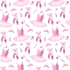 Seamless ballet pattern with pink dresses, pointe shoes, diadems and  other. Ballet dancer...