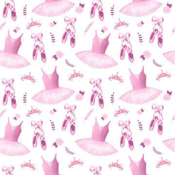 Seamless ballet pattern with pink dresses, pointe shoes, diadems and  other. Ballet dancer accessories. Party for girls, little ballerina.