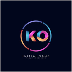 Initial letter KO curve rounded logo, gradient vibrant colorful glossy colors on black background