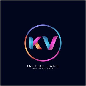 Initial letter KV curve rounded logo, gradient vibrant colorful glossy colors on black background