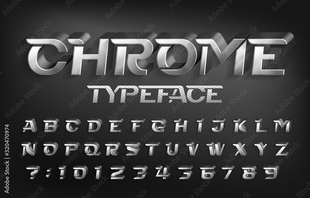 Fototapete chrome typeface. 3d metal effect letters and numbers with shadow. stock vector alphabet font for you