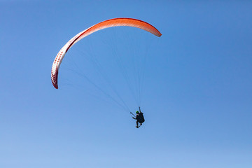 Long shot of flying paraglider against the blue sky. A bright red paraglider flies in the sky. Practicing extremal air sportsman