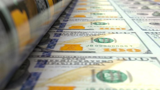 Extreme close up view of US dollars press machine while printing 100 USD bill banknotes. Colorful animation showing how the most popular USD paper currency is being made. Seamless loop.