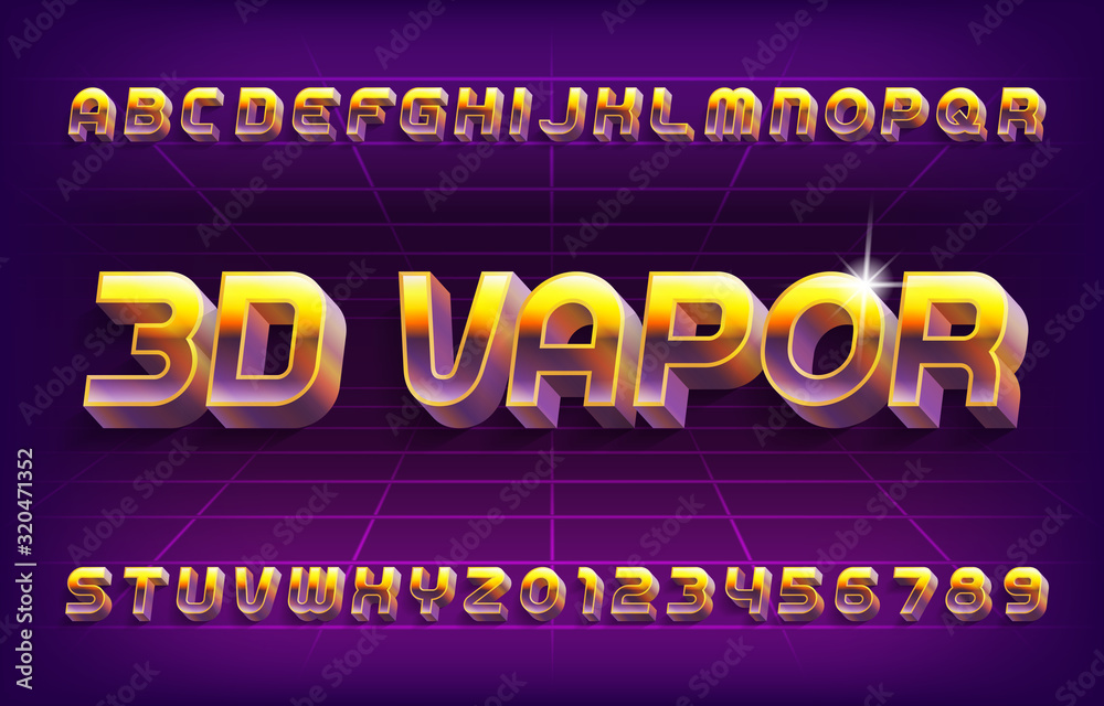 Fototapete 3d vapor alphabet font. retro letters and numbers in 80s style. stock vector typescript for your typ