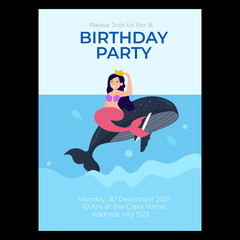 Mermaid and whale underwatercartoon. birthday card template