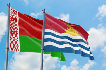 Kiribati and Belarus flags waving in the wind against white cloudy blue sky together. Diplomacy concept, international relations.