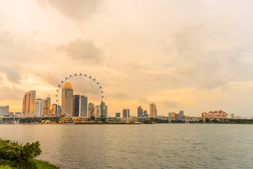 Landscape of Singapore city skyline at sunset. cityscape, architecture and travel background