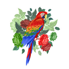 Macaw on branches of rose tree. Exotic floral decoration.