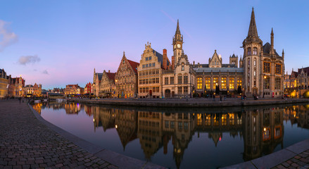 Fototapeta premium Scenic view of Graslei at dusk, Ghent, Belgium. Look from the Korenlei. Panoramic view.