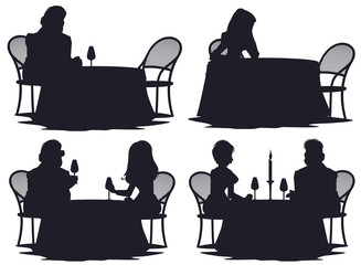 Silhouettes of people in cafe. Funny people in restaurant.