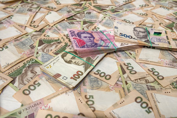 Obraz na płótnie Canvas Ukrainian Money backgrounds. 500 banknotes. Hryvnia (UAH). Top view