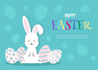Happy Easter Illustration - White Rabbit Bunny on Blue Background