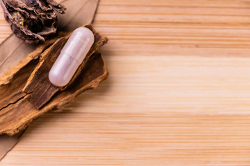 Extreme closeup of one transparent herbal capsule with cinnamon, bay leaf and black cardamom on a...