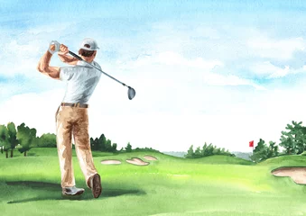 Foto auf Acrylglas Man Playing Golf on Beautiful golf course with green field with a rich turf, Hand drawn watercolor illustration and background © dariaustiugova