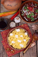 Lobio with corn porridge with cheese and red wine