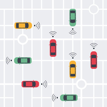 Driverless Smart Car, Autonomous Vehicle, Auto With Autopilot With Wireless Waves And City Map Background. Top View. Vector Illustration In Flat Style