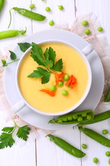 Pea porridge on a wooden table