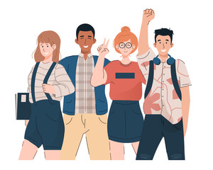 Obraz premium Group of young students. Happy girls and boys in casual clothes. Flat cartoon illustration