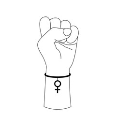 Symbol of feminism raised fist. Hand with a bracelet in the form of a mirror of Venus. Happy Women's Day. March 8.